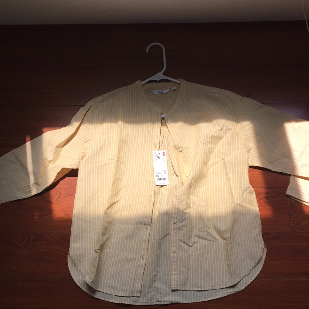 Uniqlo women linen blend band collar 3/4 sleeve shirt